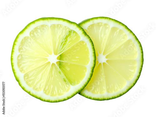 Fresh lime slices neatly arranged, seen from above, white background,closeup,cut,fresh