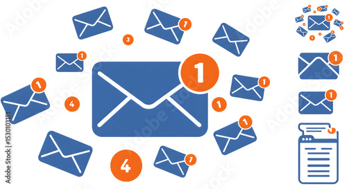 Multiple email notifications surrounding a large email icon isolated on white background