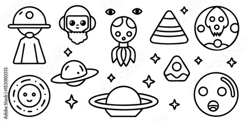 Alien and ufo vector icons with fantasy planets stars and cosmic creatures
