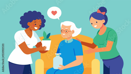 In a nursing home a caring nurse guides residents with various forms of dementia through a relaxing aromatherapy session to improve their mood and decrease agitation.. Vector illustration