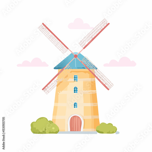 Windmill watercolor illustration. Drawing of old rustic tower with blades for flour production. Old vintage building in pastel colors.