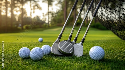 Set of irons leaning against a practice net, with golf balls scattered nearby