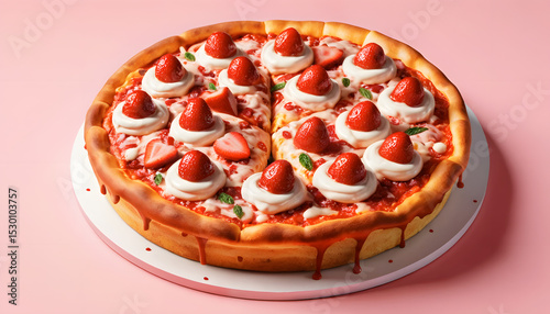 Strawberry cream pie with fresh strawberries and mint on pink background for dessert concept