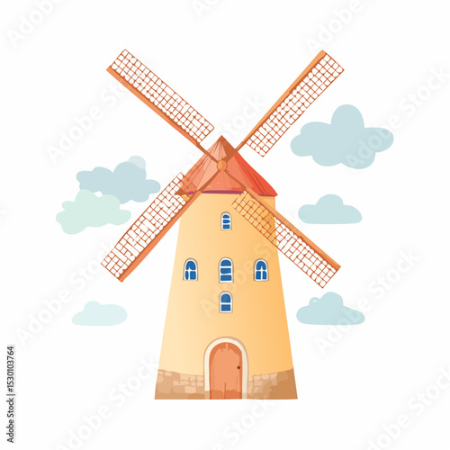 Windmill watercolor illustration. Drawing of old rustic tower with blades for flour production. Old vintage building in pastel colors.