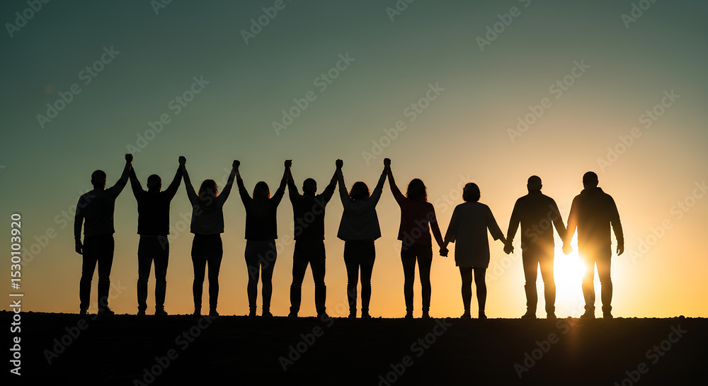 Fototapeta premium Silhouette of people standing in a line holding hands at sunset, symbolizing unity.