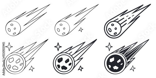Meteor asteroid and space rock vector icons with fire trail and cosmic elements
