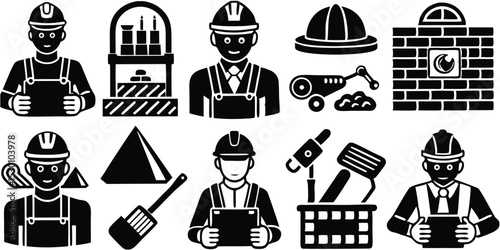 Construction worker and engineering vector icons with tools equipment and safety elements
