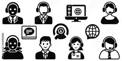 Customer support and call center vector icons with headset agents and global communication symbols
