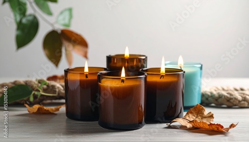 Vela en envase de vidrio ámbar sobre una superficie de madera clara, elementos decorativos naturales alrededor.