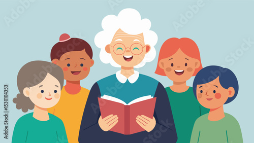 An elderly woman surrounded by a group of friends smiling as they take turns reading aloud from a classic novel. The group pauses occasionally to ask questions and offer insights. Vector illustration