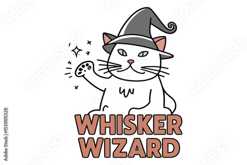 A white cat wearing a witch's hat, playfully casting a spell with its paw, is the charming subject of this illustration.