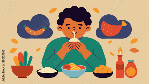 An image of a person trying new foods from different cultures with sensory details like the smells tastes and textures of the various dishes.. Vector illustration