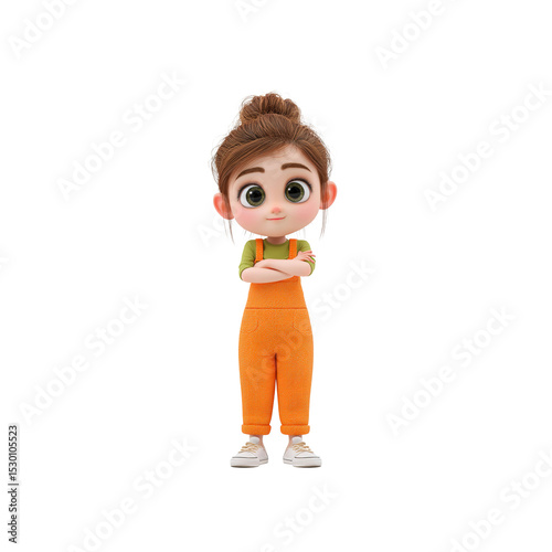 Adorable 3D Cartoon Girl with Arms Crossed, Confident and Cute Child Character