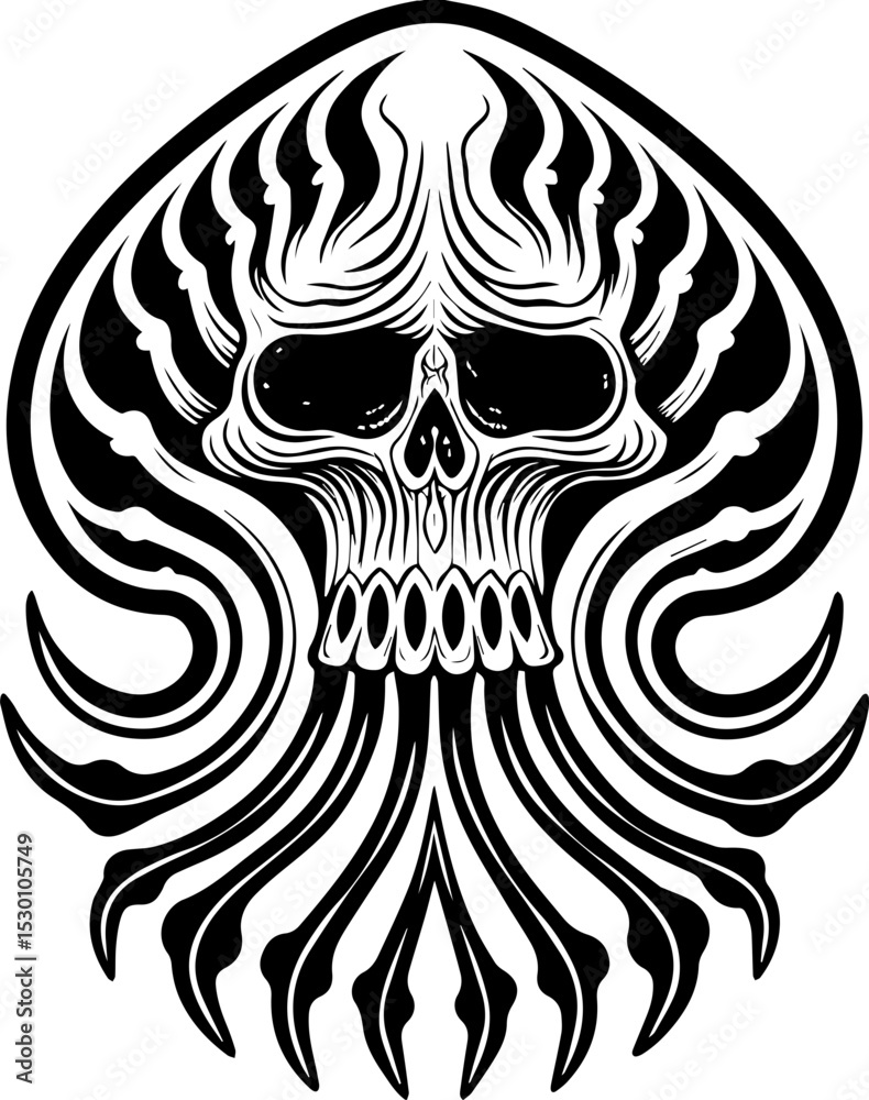 Fototapeta premium Sea witches summon ocean magic weaving mystic sorcery through mythical tides. Detailed Monochrome Skull and Tentacle Illustration for Tattoos