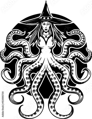 Sea witches summon ocean magic weaving mystic sorcery through mythical tides. Mysterious Witch with Octopus Tentacles in Black and White Design