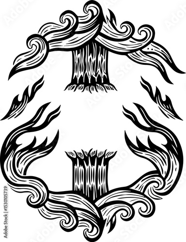 Sea witches summon ocean magic weaving mystic sorcery through mythical tides. Abstract Black and White Design with Stylized Waves and Trees