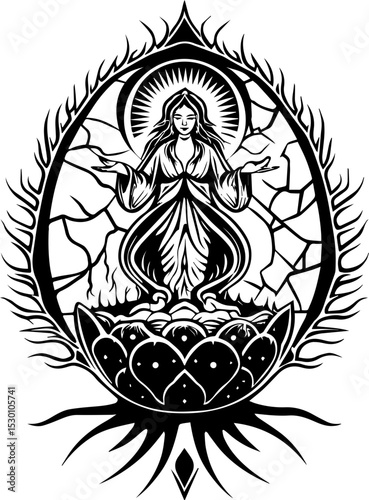 Sea witches summon ocean magic weaving mystic sorcery through mythical tides. Black and White Lotus Flower Illustration with Sacred Figure