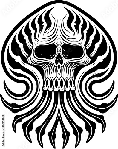 Sea witches summon ocean magic weaving mystic sorcery through mythical tides. Detailed Monochrome Skull and Tentacle Illustration for Tattoos