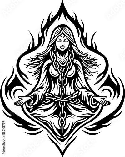 Sea witches summon ocean magic weaving mystic sorcery through mythical tides. Intricate Black and White Illustration of a Meditating Woman