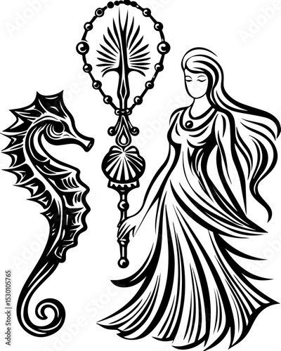 Sea witches summon ocean magic weaving mystic sorcery through mythical tides. Elegant Sea Creature and Goddess Design for Artistic Projects