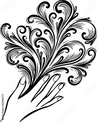 Sea witches summon ocean magic weaving mystic sorcery through mythical tides. Elegant Artistic Hand with Decorative Flourishes and Swirls