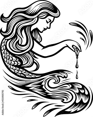 Sea witches summon ocean magic weaving mystic sorcery through mythical tides. Elegant Mermaid Silhouette with Flowing Hair and Ocean Waves Design