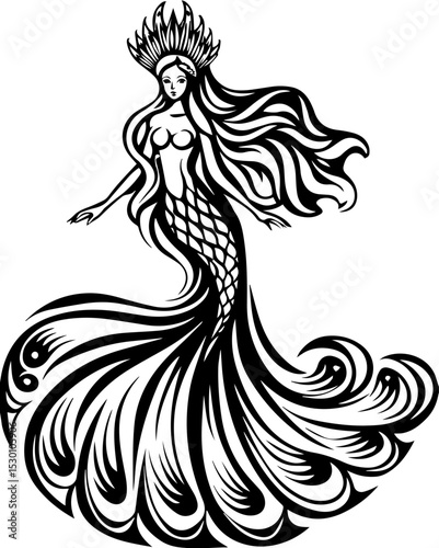 Sea witches summon ocean magic weaving mystic sorcery through mythical tides. Elegant Black and White Mermaid Illustration with Flowing Hair