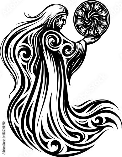 Sea witches summon ocean magic weaving mystic sorcery through mythical tides. Mysterious Figure with Flowing Hair and Circular Symbol Design