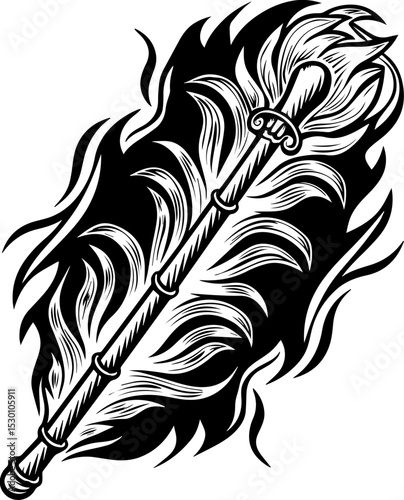 Sea witches summon ocean magic weaving mystic sorcery through mythical tides. Intricate Black and White Illustration of a Decorative Wand with Flames