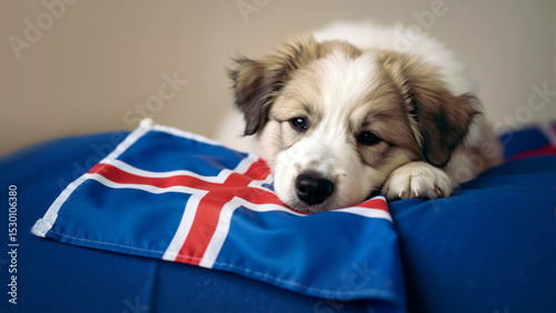 Adorable Icelandic Sheepdog puppy resting its head on the national flag of Iceland. Cute patriotic pet. Icelandic National Day, 17 June.