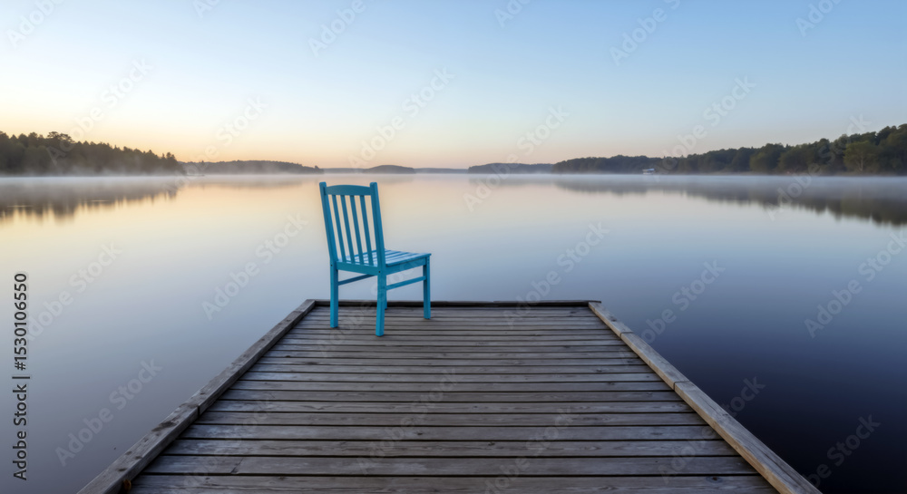 Fototapeta premium Empty blue chair on wooden dock overlooking calm misty lake at dawn or dusk.