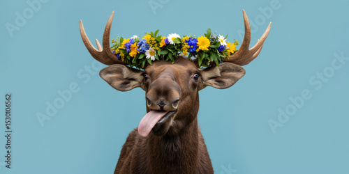 Funny moose with a flower crown sticking its tongue out. Swedish Midsummer celebration concept
