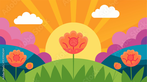 A vibrant sunrise over a field of blooming flowers representing hope and growth in brain health.. Vector illustration