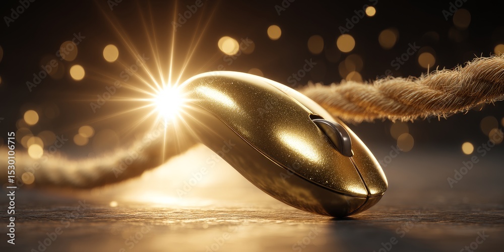 Obraz premium Golden Computer Mouse Pulled by Rope with Bokeh Background