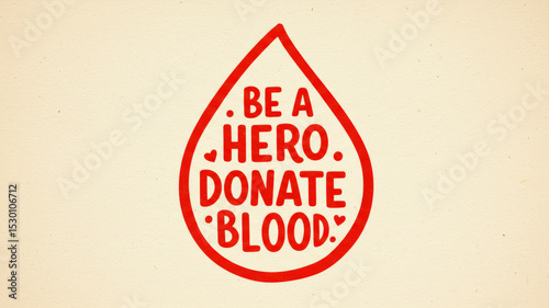 Be a Hero. Donate Blood. Text message with hearts in red blood drop. Motivational graphic for blood donation. World Blood Donor Day lettering.