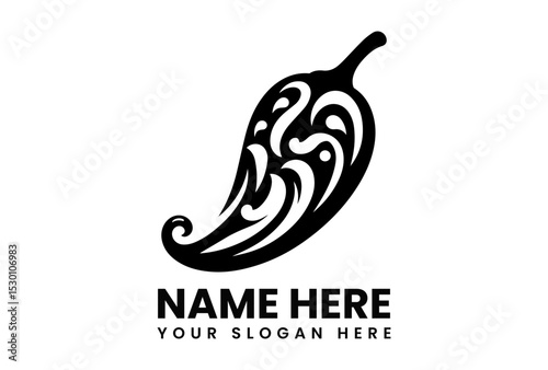 Stylized black silhouette vector logo of a chili pepper with swirling lines indicating heat and spice. Food and cooking concept