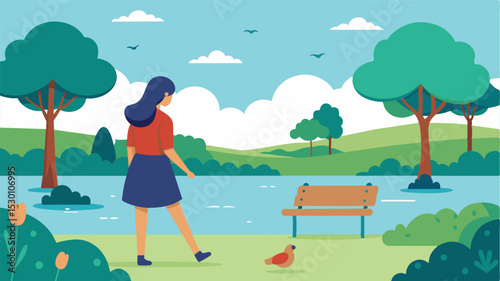 A woman walking through a park pausing at a bench overlooking a pond where she used to feed the ducks every Sunday with her late husband. The peaceful setting bringing back fond. Vector illustration