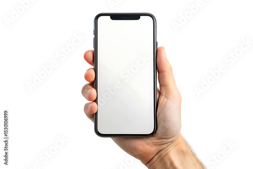 Mobile phone screen mockup in case. Hand holding smartphone display mock up isolated - on - a - white background PNG. GENERATIVE AI
