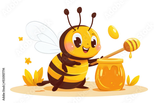 Adorable cartoon bee with honey pot isolated on transparent background