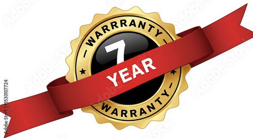 Seven year warranty gold seal with red ribbon isolated on white background