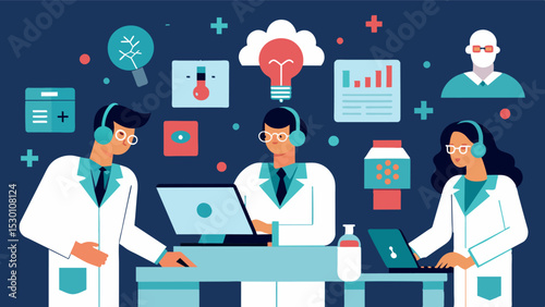 The lab is filled with the sounds of keyboards clacking and machines beeping as researchers input and analyze data from brain scans hoping to uncover new insights and treatments. Vector illustration