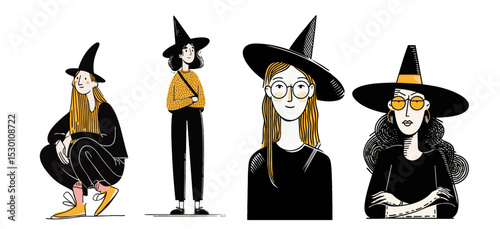 Cute modern witch doodle characters wearing sunglasses for Halloween