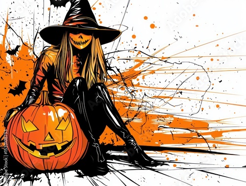 A stylized illustration of a witch with long blonde hair, wearing a pointed hat and dark clothing, sitting beside a carved pumpkin against a splattered orange and white background