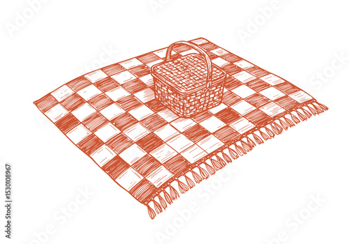 Checkered Picnic Blanket and Basket, Hand-Drawn Sketch – Summer Picnic Concept for Design Elements, Packaging, Menus, Marketing Materials
