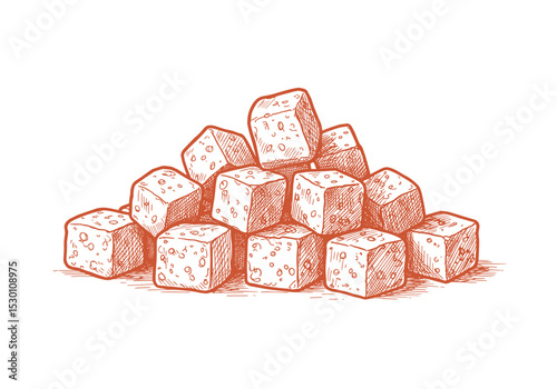 Stacked Firestarter Cubes, Monochrome Line Sketch – BBQ Fire Starting Concept for Design Assets, Packaging, Articles, Marketing Material