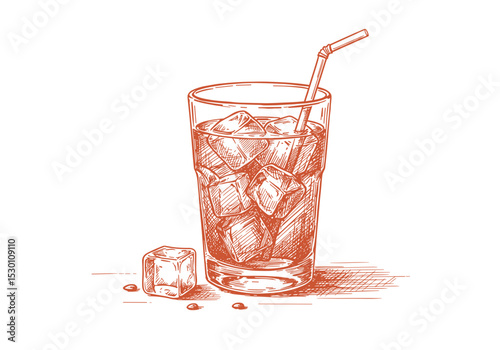 Drink Glass with Ice and Straw, Line Art Sketch – Summer Beverage, Refreshment Graphic for BBQ Theme, Food Packaging, Menus, Design
