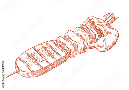 Grilled Vegetable Skewer, Monochrome Line Sketch – BBQ Side Dish, Vegetarian Option for Menus, Recipe Illustrations, Food Packaging, Advertising