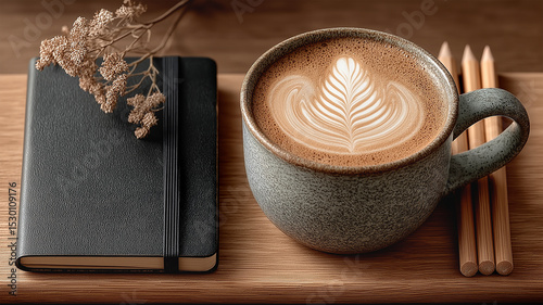 Ceramic latte mug crafted with elegant latte art, a closed black journal adorned with dried flowers and three wooden pencils. Generative AI