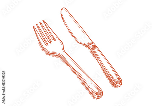 Plastic Fork and Knife, Monochrome Line Art Sketch – Disposable BBQ Cutlery Concept for Summer Picnic Design, Packaging, Menus, Marketing
