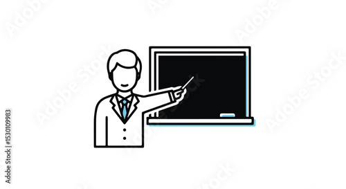 Teacher pointing towards the blackboard.